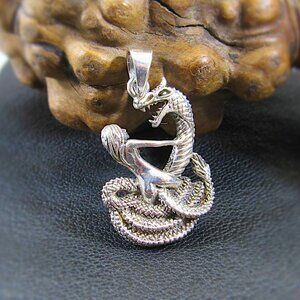 Solid 925 Sterling Silver Damsel in Distress & Dragon Snake Serpent Pendant